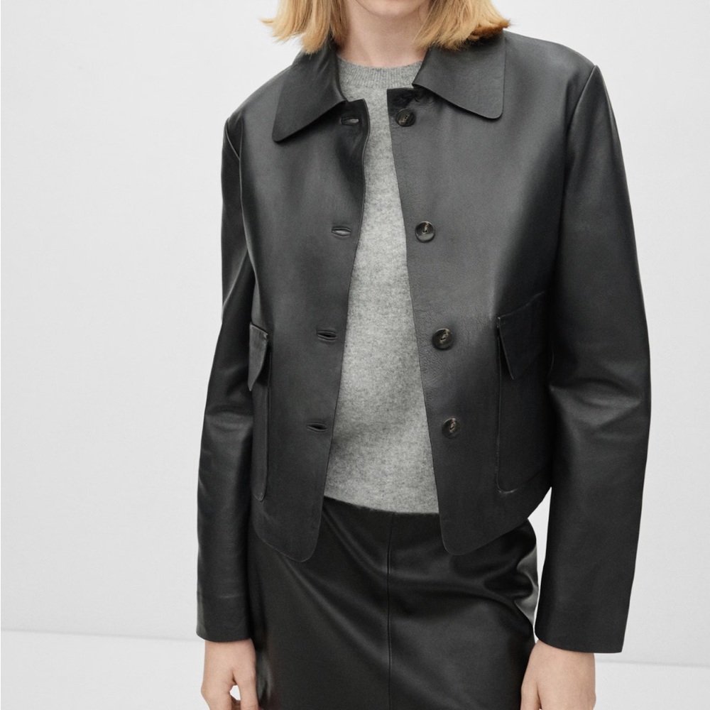 Mango Black 100% Sheep Leather Button-Front Jacket